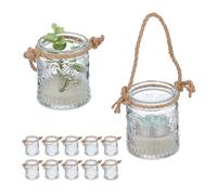 Relaxdays Candle Lanterns, Set of 12, Glass, with Handle, Indoors & Outdoors, Tealight Holders, 7x6 cm, Clear/Brown