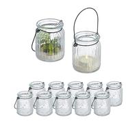 Relaxdays Candle Lanterns, Set of 12, Glass, with Handle, Indoors & Outdoors, Tealight Holders, 9.5 x 8 cm, Clear/Black