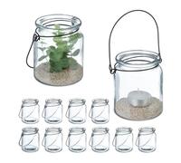Relaxdays Candle Lanterns, Set of 12, Glass, with Handle, Tealight Holders, 9.5 x 8 cm, Indoors & Outdoors, Clear/Black