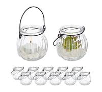Relaxdays Candle Lanterns, Set of 12, Round Glass, with Handle, Tealight Holders, 7.5 x 8 cm, Indoors & Outdoors, Clear