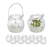 Relaxdays Candle Lanterns, Set of 12, with Handle, Round Glass, Tealight Holders, 7.5 x 8 cm, Indoors & Outdoors, Clear