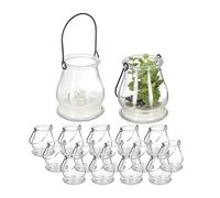 Relaxdays Candle Lanterns, Set of 16, Glass, with Handle, Indoors & Outdoors, Tealight Holders, 10 x 8.5 cm, Clear/Black