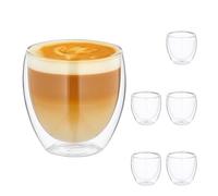 Relaxdays Cappuccino Glasses, Set of 6, Double-Walled Mugs, 250 ml, Dishwasher-Safe, Insulated Coffee Cups, Transparent, 10% Stainless Steel 90%, 6er Set