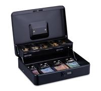 Relaxdays cash box, 3-digit combination, coin insert & 4 note compartments, lockable cash box, black