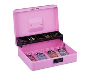 Relaxdays cash box, 3-digit combination, coin insert & 4 note compartments, lockable, iron cash box, pink