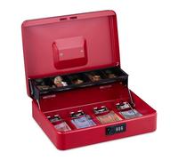 Relaxdays cash box, 3-digit combination, coin insert & 4 note compartments, lockable, iron cash box, red