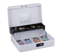Relaxdays Cash box, 3-digit combination, coin insert & 4 note compartments, lockable, iron cash box, white