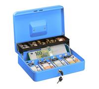Relaxdays Cash Box, Coin Counter Tray Lockable Portable Change & Notes, H x W x D: 8.5 x 30.5 x 24.5 cm, Iron, Blue