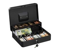Relaxdays Cash Box, Coin Counter Tray Lockable Portable Change & Notes, H x W x D: 8.5 x 30.5 x 24.5 cm, Iron, Black