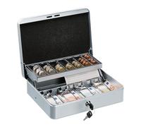Relaxdays Cash Box, Coin Counter Tray Lockable Portable Change & Notes, H x W x D: 8.5 x 30.5 x 24.5 cm, Iron, Silver