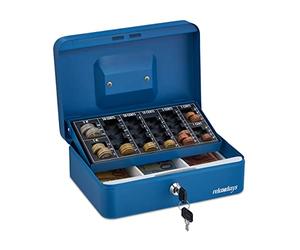 Relaxdays Cash Box, Coin Counter Tray Lockable Steel Portable Change & Notes, H x W x D: 9 x 25 x 18 cm, Blue