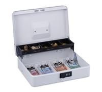 Relaxdays, 3-digit combination, coin insert & 4 note compartments, lockable, iron cash box, white, Plastic, Steel, 8.5 x 30.5 x 24.5 cm
