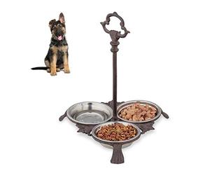Relaxdays Cast Iron Feeding Station for Cats & Dogs, Set of 3, 3 Stainless Steel Bowls Each, Handle, Outdoor, Dark Brown