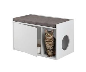 Relaxdays Cat Cabinet with Seating, 2in1 Feline Commode & Bench, H x W x D: 45.5 x 75 x 43 cm, Litter Tray, White/Grey