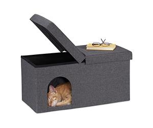 Relaxdays Cat Cave Foldable, Sturdy Folding Bench, Indoor Cat Furniture, Pet Bed Hideaway, HxWxD: 38.5x74.5x37 cm, Grey