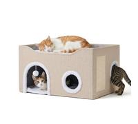 Relaxdays Cat Cave, H x W x D: 34 x 60 x 40 cm, scratching pad, play ball, 2 cat cushions, foldable, beige