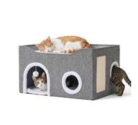 Relaxdays Cat Cave, H x W x D: 34 x 60 x 40 cm, sisal scratch pad, ball, 2 cushions, foldable cat house, grey