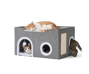 Relaxdays Cat Cave, H x W x D: 34 x 60 x 40 cm, sisal scratch pad, ball, 2 cushions, foldable cat house, grey