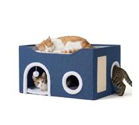 Relaxdays Cat Cave, H x W x D: 34 x 60 x 40 cm, sisal scratch pad, toy ball, 2 cushions, foldable, blue
