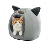 Relaxdays cat cave with ears, bed with removable cushion, H x D 37 x 44 cm, plush fabric, grey