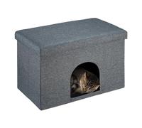 Relaxdays Cat Cave with Seat Pad, Foldable Stool, Ottoman, Cosy Hiding Place for Pet, HxWxD: 38.5 x 64.5 x 37.5 cm, Grey