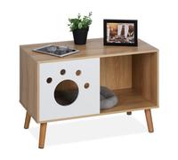 Relaxdays Cat Cabinet, Entrance, Wooden Cupboard Design, Litter Box, Pet House, HxWxD: 50 x 75 x 40 cm, Natural/White, Fibreboard