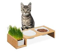 Relaxdays Cat Feeding Station, with Pet Grass, 2 Ceramic Bowls 400 ml each, Dishwasher Safe, Stand, Natural/White, Bamboo, 8.5 x 47.5 x 19 cm