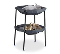 Relaxdays Cat Hammock Bed, Freestanding, 2 Tiers, Raised Perch, HWD: 59x41x43 cm, Mesh, Double Pet Lounger, Grey/Black, Steel, Polyester