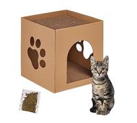 Relaxdays Cat House Cardboard, Kitten Cave Cat Hide Scratching Board, Easy Assembly, In atnip, 30 x 30 x 30.5 cm, Brown