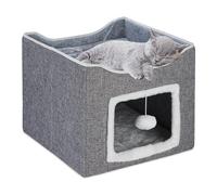 Relaxdays Cat House, Kitten Cave, Scratching Board, Foldable Den, with Pillow, Comfort, Pet, HxWxD 32 x 40 x 40 cm, Grey, Fibreboard