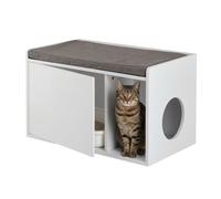 Relaxdays Cat Cabinet with Seating, 2in1 Feline Commode & Bench, H x W x D: 45.5 x 75 x 43 cm, Litter Tray, White/Grey, Fibreboard, 45.5x75x43cm