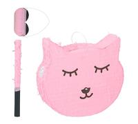 Relaxdays Cat Piñata, Including Stick & Mask, for Kids Parties, Birthday Decor, Fillable, HWD: 34 x 37 x 9.5 cm, Pink, Paper, 34 x 37 x 9 cm