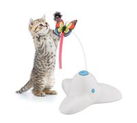Relaxdays Cat Toy, with Butterfly Decoration, HxWxD: 33.5 x 20.5 x 18 cm, Interactive Pet Game, Spinning Carousel, White