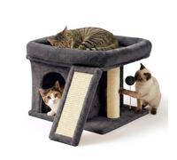 Relaxdays Compact Cat Tree, cave, scratching board & lounge bed, HxWxD: 38.5x54x45 cm, sisal, dark grey
