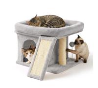 Relaxdays Cat Tree, with cosy cave, scratching board & resting area, HxWxD: 38.5x54x45 cm, sisal, light grey
