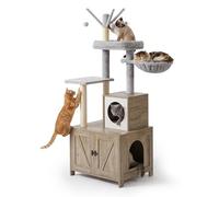 Relaxdays cat tree with litter box cabinet, 150 x 60 x 49 cm, sisal posts & bed, wood-effect, light brown/white