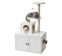 Relaxdays, cat tree with litter box cabinet, 2 perches, magnetic doors, cat furniture, MDF, white