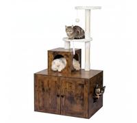 Relaxdays Cat Tree with Litter Box Cabinet, HWD 133x78x49 cm, dark brown | sisal posts & plush den, wood-effect