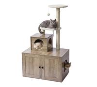 Relaxdays Cat Tree with Litter Box Cabinet, light brown