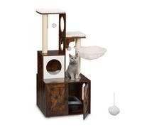 Relaxdays Cat Tree with Litter Box Enclosure, 128x95x52 cm, Sisal Posts & Plush Bed, Scratching Tower, Brown/White, Plant Fibre, Fibreboard