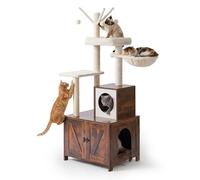 Relaxdays Cat Tree with Litter Box, HxWxD: 150 x 60 x 49 cm, Sisal Posts & Ledge, Industrial, Dark Brown/White
