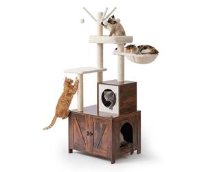 Relaxdays Cat Tree with Litter Box, HxWxD: 150 x 60 x 49 cm, Sisal Posts & Ledge, Industrial, Dark Brown/White