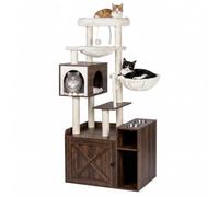 Relaxdays, Cat Tree Litter Box Cabinet, 2 Bowls & Cave, Sisal, Magnetic Door, MDF, Industrial White
