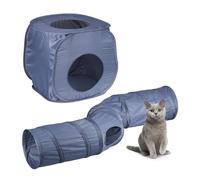 Relaxdays Cat Tunnel and Cave, Pet Toy with 4 Exits, Hideout, Interactive, Pop-up, Foldable, Polyester, Grey, 25 x 131.5 x 35 cm