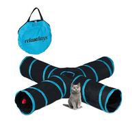 Relaxdays Cat Tunnel, Foldable Pet Toy, HxWxD: 25 x 130 x 125 cm, Interactive Play, 4 Paths, Round Polyester, Black/Blue