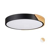 Relaxdays Ceiling Lamp, 24 W LED Hallway, Round Wood & Metal Lighting Fixture, Black
