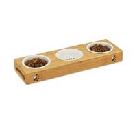 Relaxdays Bamboo Dog Feeding Station, 3 Ceramic Bowls, Water & Food, Dishwasher-Safe, Cats, Various Sets, Natural, 1 Item