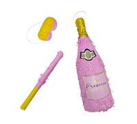 Relaxdays Champagne Bottle Piñata, Hanging Birthday Party Fillable with Bat & Mask, Pink & Gold, 51 x 13.5 x 13.5 cm