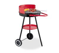 Relaxdays Charcoal Barbecue with Wheels, Ø 42 cm, Tripod Stand, Round Grill, for Picnics & Garden, Wind Block, Black/Red, Steel, Plastic