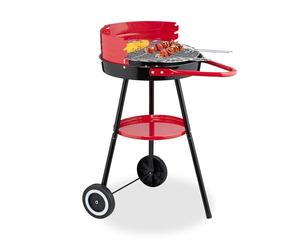 Relaxdays Charcoal Barbecue with Wheels, Ø 42 cm, Tripod Stand, Round Grill, for Picnics & Garden, Wind Block, Black/Red, Steel, Plastic